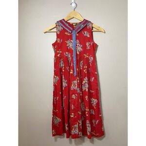 April Cornell Girls Vintage Red Floral Dragonfly Pilgrim Collar Dress Size 7/8